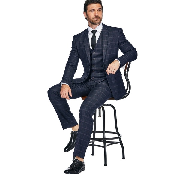 Gino Vitale‎ Men’s 3-peice Windowpane Plaid Slim Fit Suit 50L X 44W Navy - Picture 3 of 11